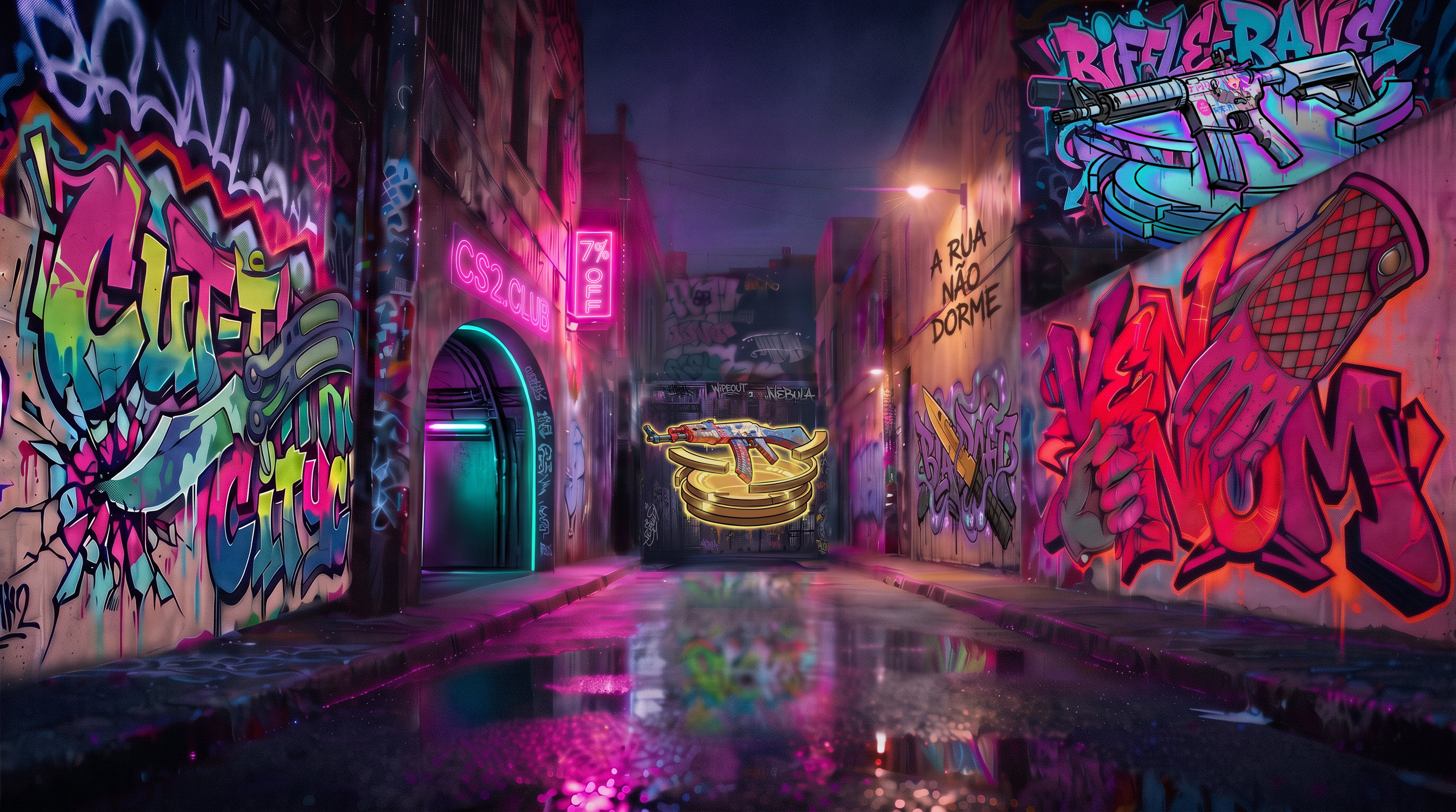 Rua CS2.CLUB — beco noturno coberto de graffiti